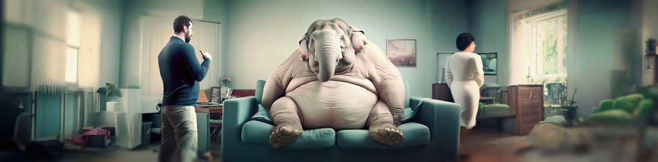 banner The large elephant in the room on couch